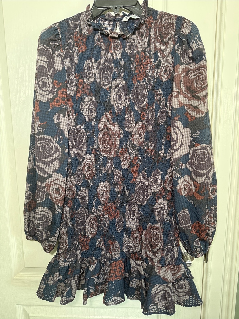 Zara Smocked Floral Ruffle Mini Dress Balloon Sleeve Blue Brown S